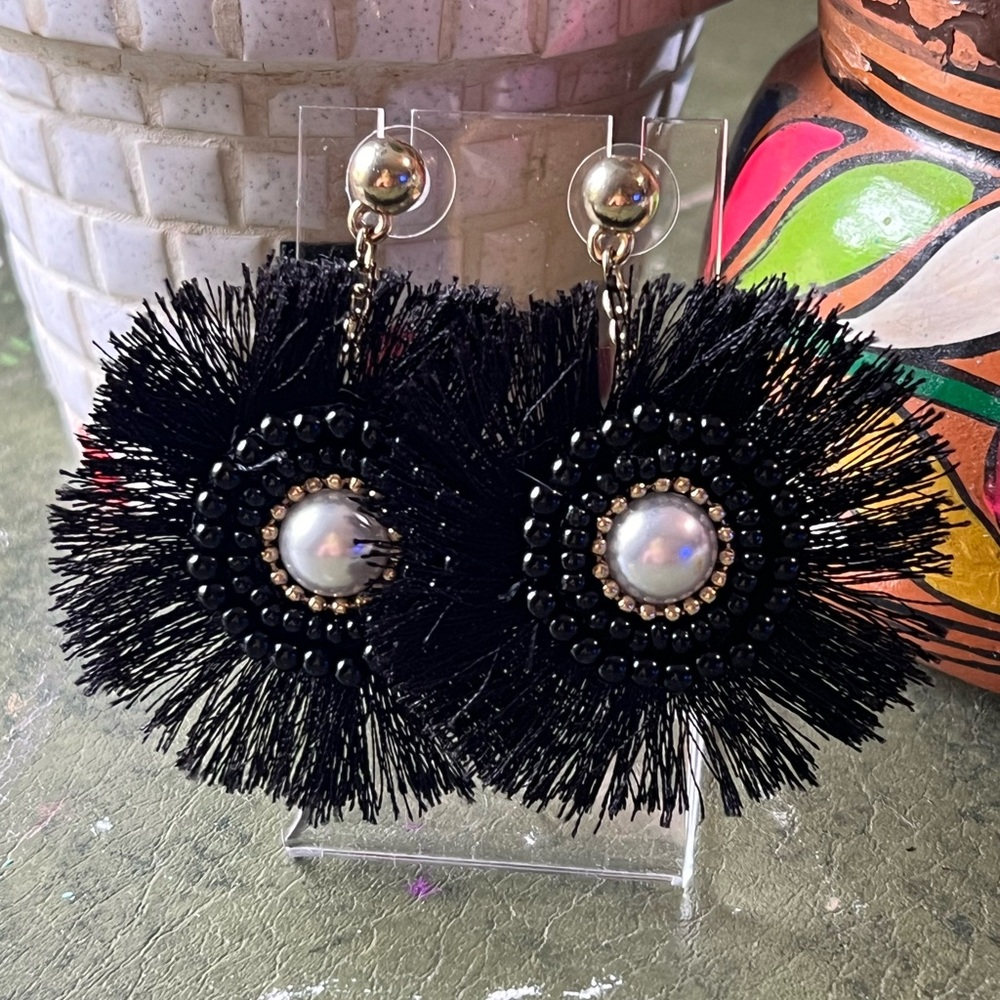 Round Black Tassel Earrings With Pearl Accents
